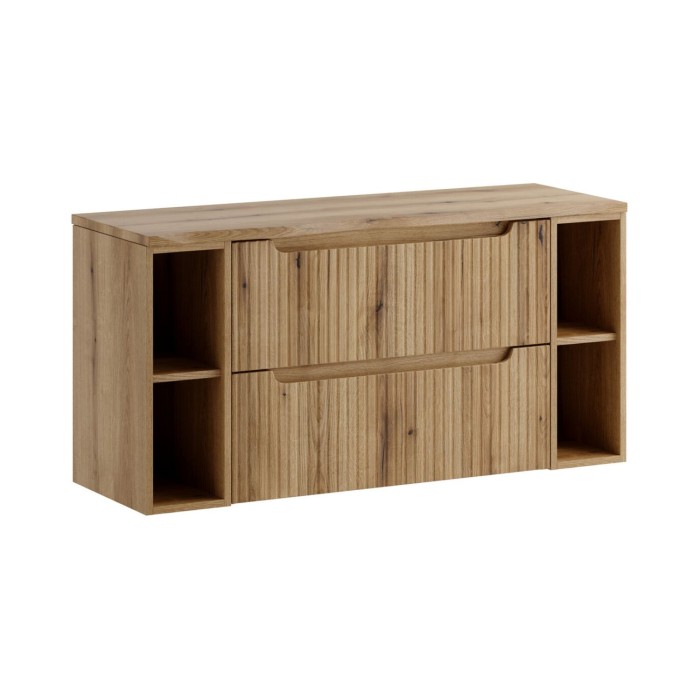 Badezimmer-Set VANO in hellem Eichenholz 120cm: Unterschränke mit Schubladen und sichtbaren Nischen + Platte für Waschbecken