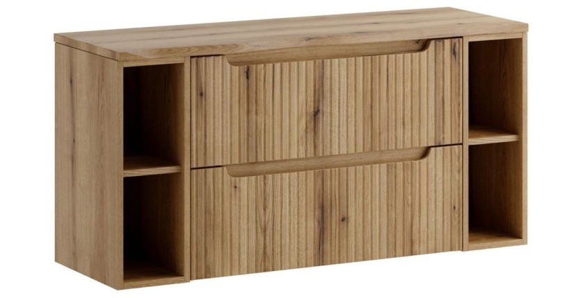 Ensemble de salle de bain suspendu VANO chêne clair 120cm : meubles sous vasque à tiroirs avec niches visibles + plan pour vasqu