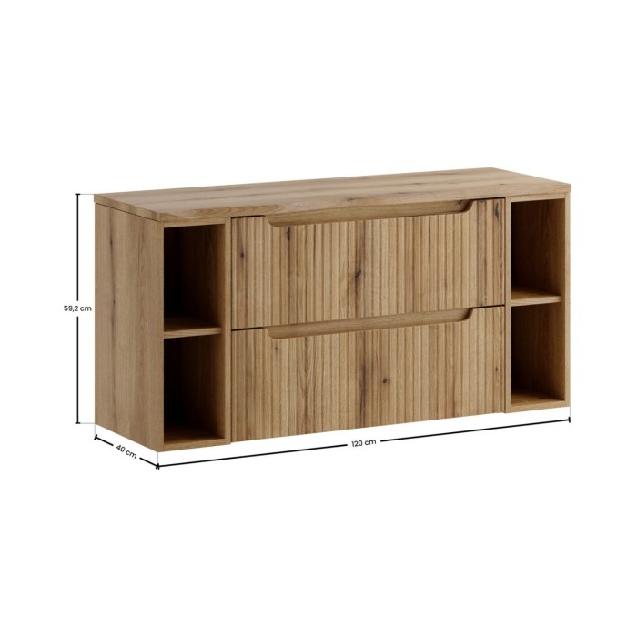 Badezimmer-Set VANO in hellem Eichenholz 120cm: Unterschränke mit Schubladen und sichtbaren Nischen + Platte für Waschbecken