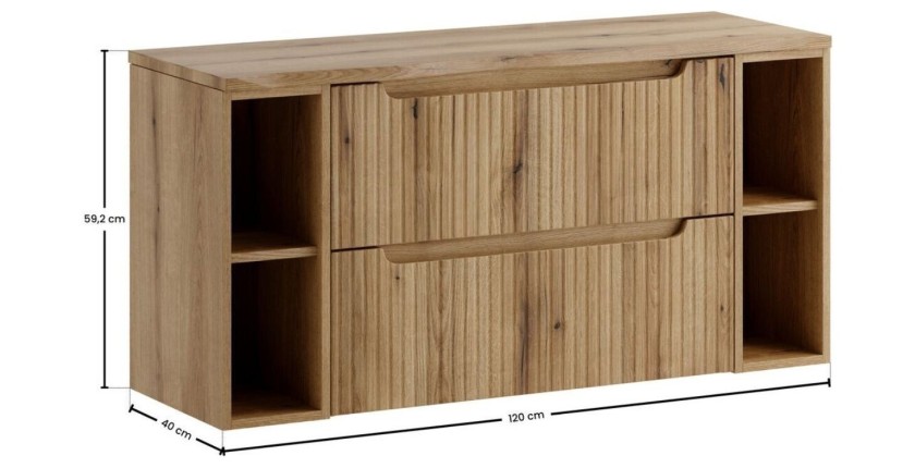 Ensemble VANO chêne 120cm : meubles sous vasque à tiroirs et niches visibles, plan pour vasque dimensions
