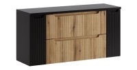 Ensemble VANO chêne et noir 120cm : meuble sous vasque à tiroirs et portes, plan pour vasque