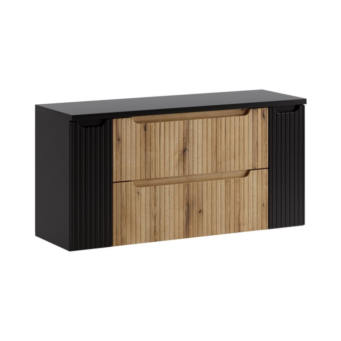Hangend badkamermeubelset VANO licht eiken en zwart 120cm: onderkasten met laden en kasten + blad voor wastafel