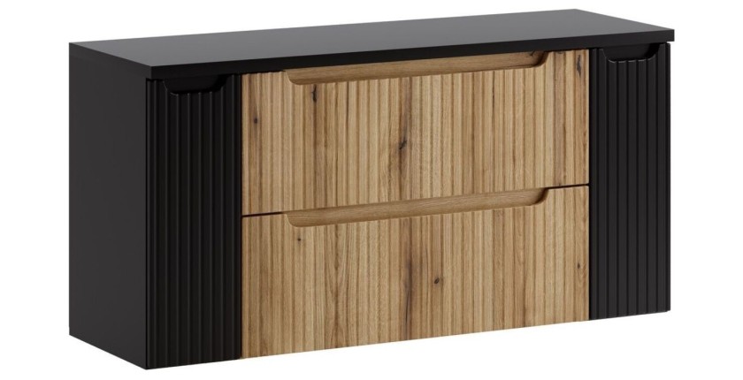 Ensemble VANO chêne et noir 120cm : meuble sous vasque à tiroirs et portes, plan pour vasque