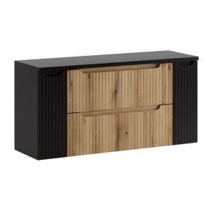 Ensemble VANO chêne et noir 120cm : meuble sous vasque à tiroirs et portes, plan pour vasque