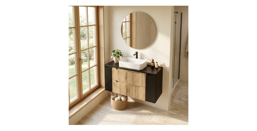 Ensemble VANO chêne et noir 120cm : meuble sous vasque à tiroirs et portes, plan pour vasque mis en situation