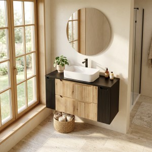 Ensemble VANO chêne et noir 120cm : meuble sous vasque à tiroirs et portes, plan pour vasque mis en situation