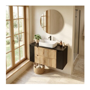 Ensemble VANO chêne et noir 120cm : meuble sous vasque à tiroirs et portes, plan pour vasque mis en situation