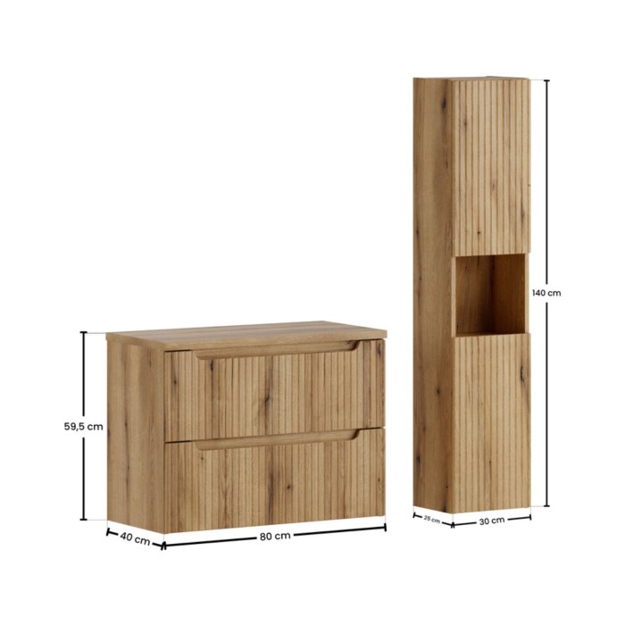 Wandhängendes Badezimmer-Set VANO in hellem Eichenholz 110cm: Unterschrank mit Schubladen + Platte für Waschbecken + Säule
