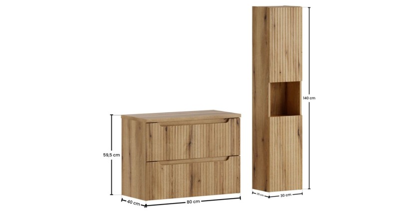 Ensemble VANO chêne 110cm : meuble sous vasque, plan pour vasque et colonne dimensions