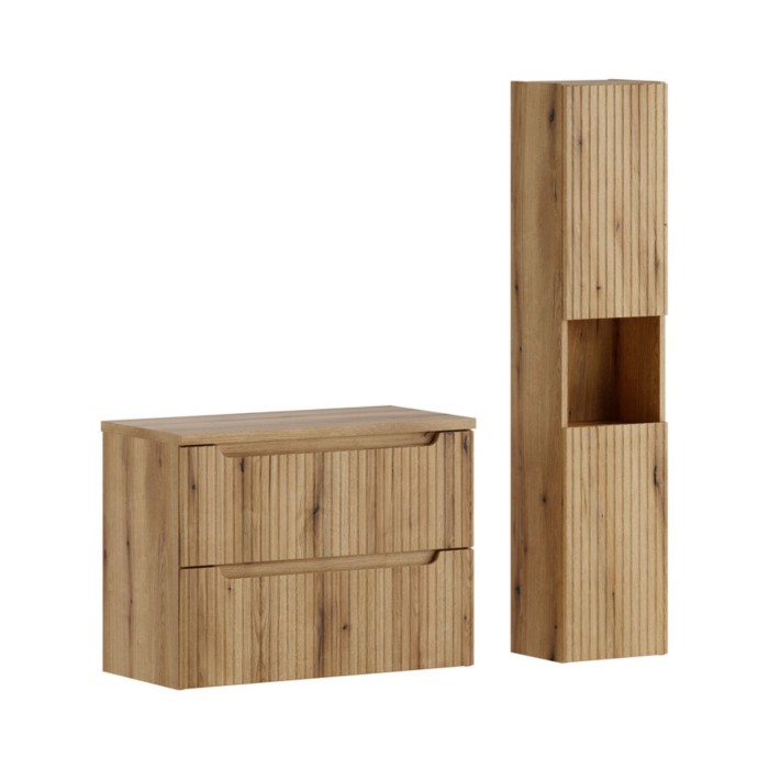Wandhängendes Badezimmer-Set VANO in hellem Eichenholz 110cm: Unterschrank mit Schubladen + Platte für Waschbecken + Säule