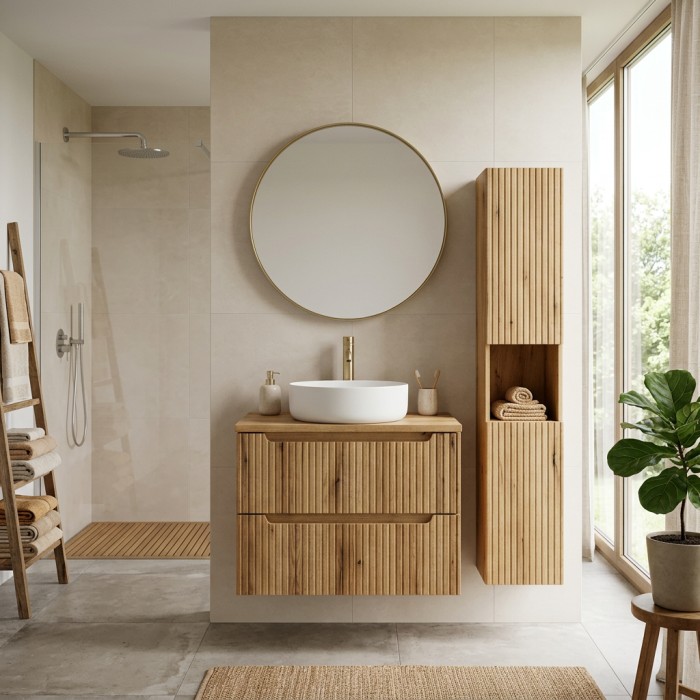 Wandhängendes Badezimmer-Set VANO in hellem Eichenholz 110cm: Unterschrank mit Schubladen + Platte für Waschbecken + Säule
