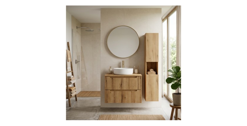 Ensemble VANO chêne 110cm : meuble sous vasque, plan pour vasque et colonne mis en situation