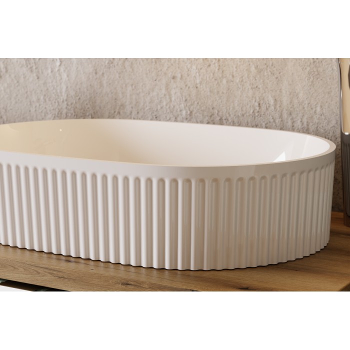 Set VANO in rovere chiaro 80cm: mobile sotto lavabo con cassetti + piano per lavabo + lavabo da appoggio bianco scanalato
