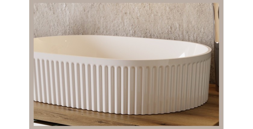 Ensemble de salle de bain VANO chêne clair 80cm : meuble sous vasque à tiroirs + plan pour vasque + vasque à poser rainurée blan
