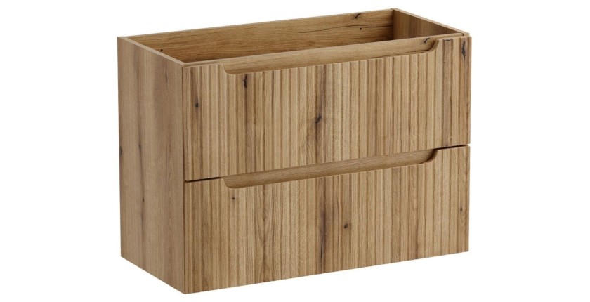 Meuble sous vasque à tiroirs aspect chêne clair avec façade avant rainurée verticalement collection VANO 80cm