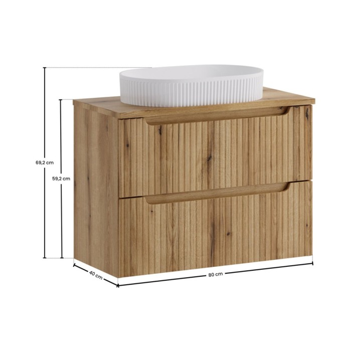 Ensemble VANO chêne 80cm : meuble sous vasque, plan pour vasque biseauté et vasque à poser rainurée blanche dimensions