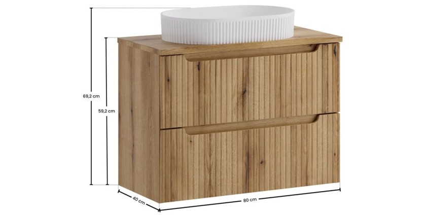 Ensemble de salle de bain VANO chêne clair 80cm : meuble sous vasque à tiroirs + plan pour vasque + vasque à poser rainurée blan