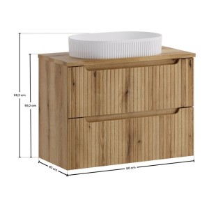 Ensemble de salle de bain VANO chêne clair 80cm : meuble sous vasque à tiroirs + plan pour vasque + vasque à poser rainurée blan