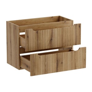 Ensemble de salle de bain VANO chêne clair 80cm : meuble sous vasque à tiroirs + plan pour vasque + vasque à poser rainurée blan