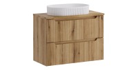 Ensemble VANO chêne 80cm : meuble sous vasque, plan pour vasque biseauté et vasque à poser rainurée blanche