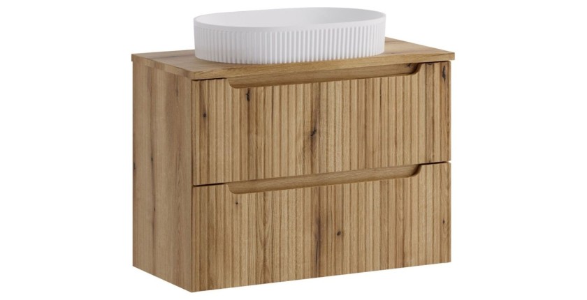 Ensemble de salle de bain VANO chêne clair 80cm : meuble sous vasque à tiroirs + plan pour vasque + vasque à poser rainurée blan