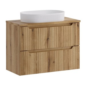 Ensemble de salle de bain VANO chêne clair 80cm : meuble sous vasque à tiroirs + plan pour vasque + vasque à poser rainurée blan