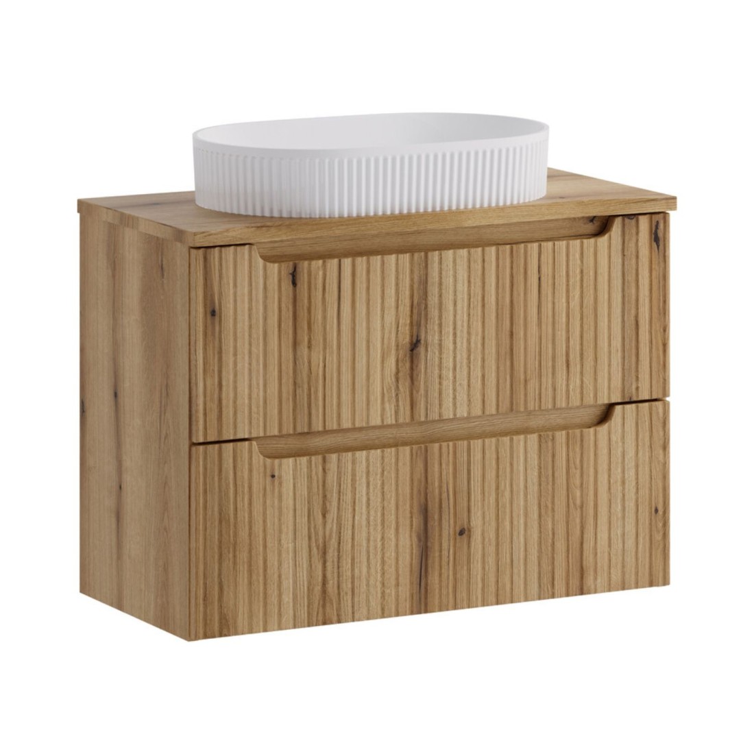 Ensemble VANO chêne 80cm : meuble sous vasque, plan pour vasque biseauté et vasque à poser rainurée blanche