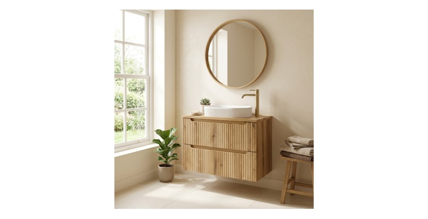 Ensemble de salle de bain VANO chêne clair 80cm : meuble sous vasque à tiroirs + plan pour vasque + vasque à poser rainurée blan