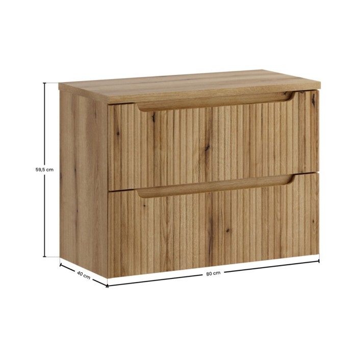Badezimmer-Set VANO in heller Eiche 80cm: Unterschrank mit Schubladen und gerillter Front + Platte für Waschbecken