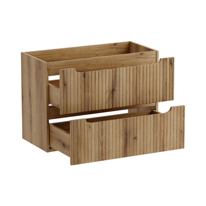 Badezimmer-Set VANO in heller Eiche 80cm: Unterschrank mit Schubladen und gerillter Front + Platte für Waschbecken