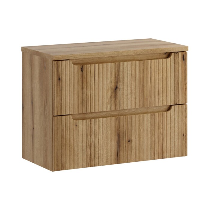 Badezimmer-Set VANO in heller Eiche 80cm: Unterschrank mit Schubladen und gerillter Front + Platte für Waschbecken