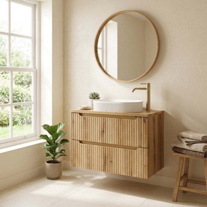 Badezimmer-Set VANO in heller Eiche 80cm: Unterschrank mit Schubladen und gerillter Front + Platte für Waschbecken