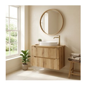 Ensemble VANO chêne 80cm : meuble sous vasque à tiroirs et plan pour vasque mis en situation