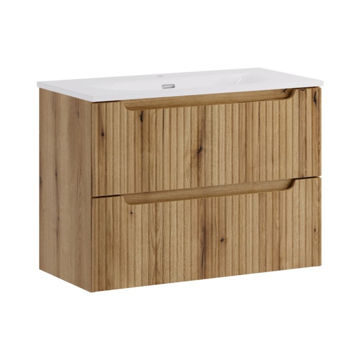 Badezimmer-Set VANO in hellem Eichenholz 80cm: Unterschrank mit Schubladen mit gerillter Front + eingelassenes Waschbecken