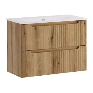 ensemble VANO chêne 80cm : meuble sous vasque à tiroirs et vasque encastrée blanche