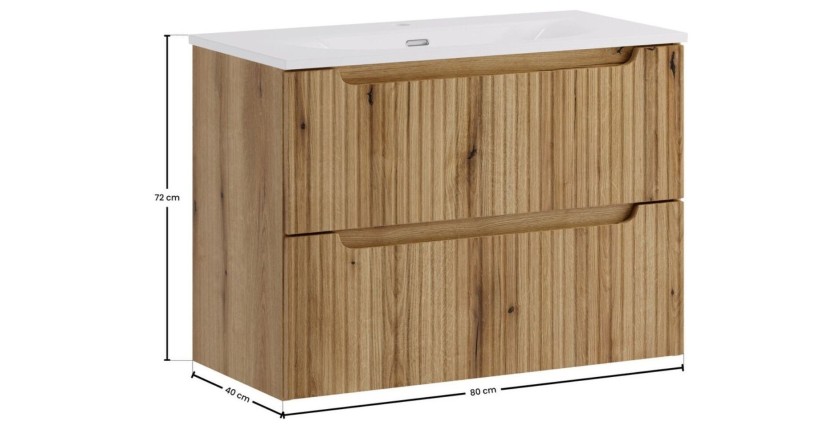 ensemble VANO chêne 80cm : meuble sous vasque à tiroirs et vasque encastrée blanche dimensions