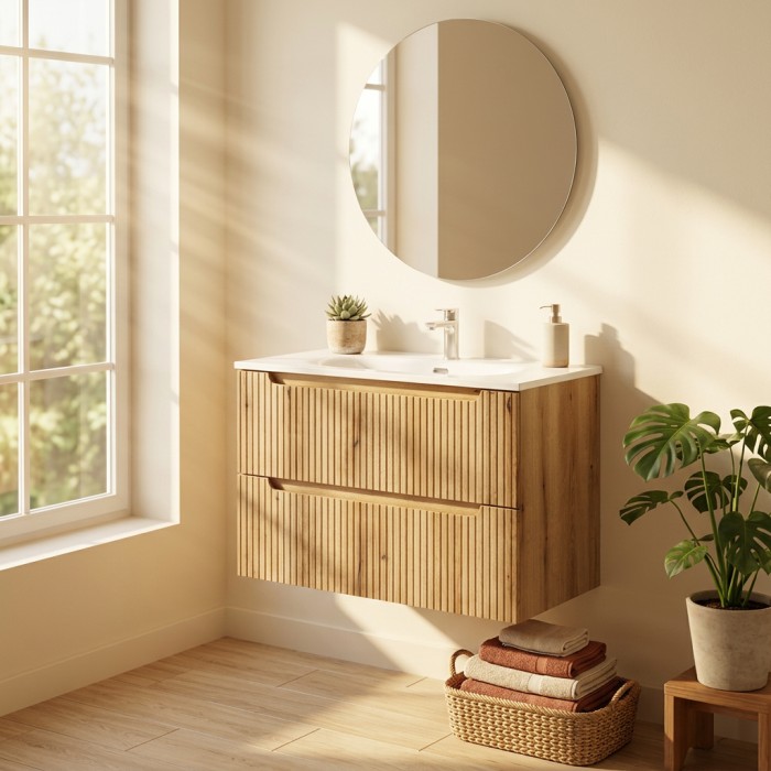 Badezimmer-Set VANO in hellem Eichenholz 80cm: Unterschrank mit Schubladen mit gerillter Front + eingelassenes Waschbecken