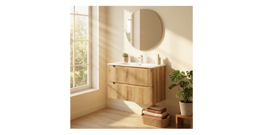 ensemble VANO chêne 80cm : meuble sous vasque à tiroirs et vasque encastrée blanche mis en situation