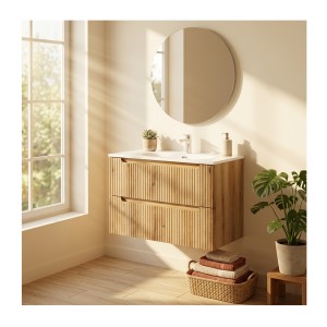 ensemble VANO chêne 80cm : meuble sous vasque à tiroirs et vasque encastrée blanche mis en situation