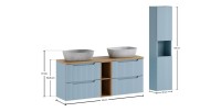 Conjunto VANO azul denim y roble claro 170cm: muebles bajo lavabo con cajones y nichos visibles + lavabos grises + columna