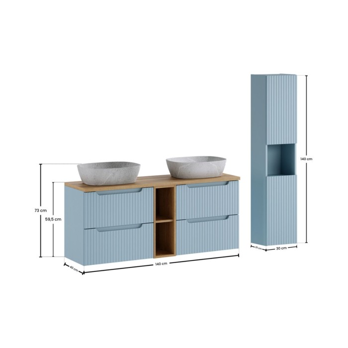 Ensemble VANO bleu et chêne 170cm : meubles sous vasques, niches visibles, vasques à poser grises et colonne dimensions