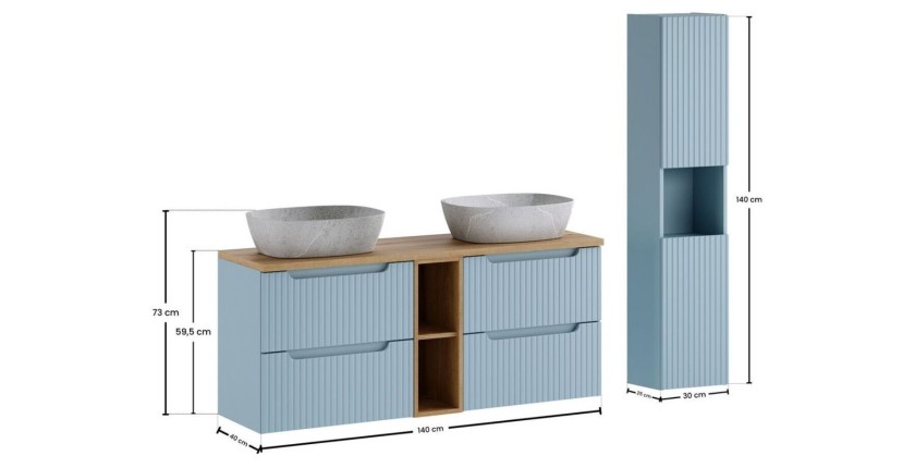 Conjunto VANO azul denim y roble claro 170cm: muebles bajo lavabo con cajones y nichos visibles + lavabos grises + columna