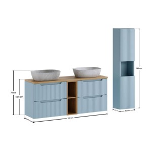 Conjunto VANO azul denim y roble claro 170cm: muebles bajo lavabo con cajones y nichos visibles + lavabos grises + columna