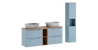Conjunto VANO azul denim y roble claro 170cm: muebles bajo lavabo con cajones y nichos visibles + lavabos grises + columna