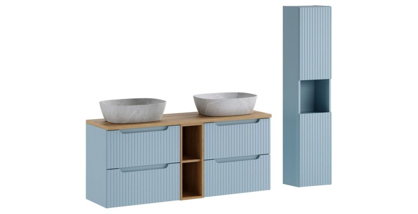 Conjunto VANO azul denim y roble claro 170cm: muebles bajo lavabo con cajones y nichos visibles + lavabos grises + columna