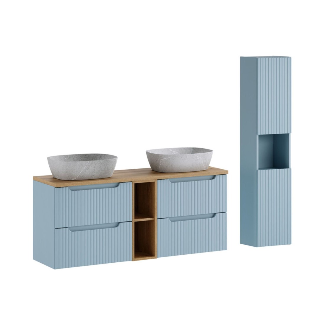 Conjunto VANO azul denim y roble claro 170cm: muebles bajo lavabo con cajones y nichos visibles + lavabos grises + columna