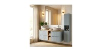 Conjunto VANO azul denim y roble claro 170cm: muebles bajo lavabo con cajones y nichos visibles + lavabos grises + columna