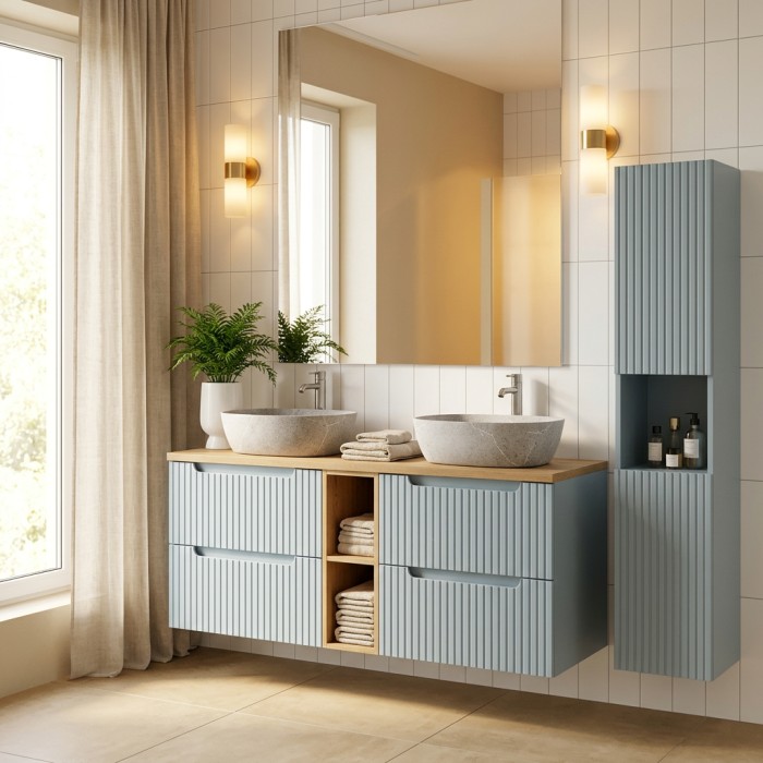 Ensemble VANO bleu et chêne 170cm : meubles sous vasques, niches visibles, vasques à poser grises et colonne mis en situation