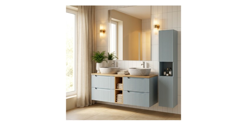 Conjunto VANO azul denim y roble claro 170cm: muebles bajo lavabo con cajones y nichos visibles + lavabos grises + columna