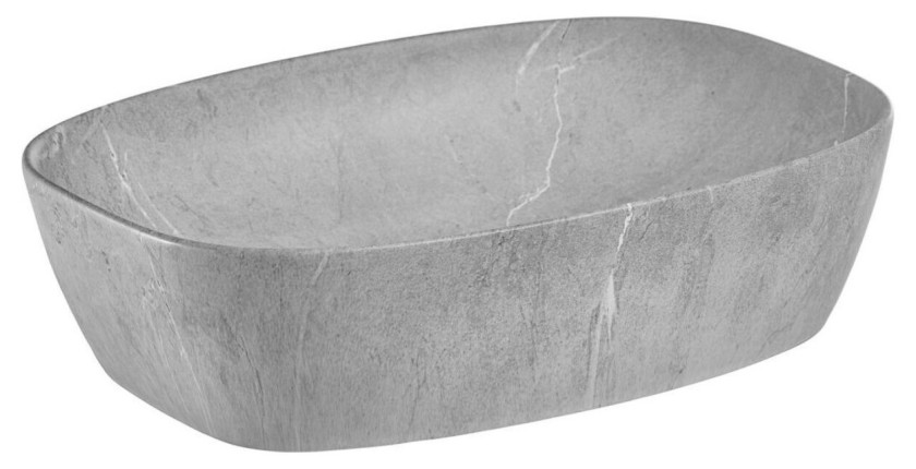 Set VANO blu denim e quercia chiara 140cm: mobili sotto lavabo con cassetti e nicchie visibili + lavabi grigi